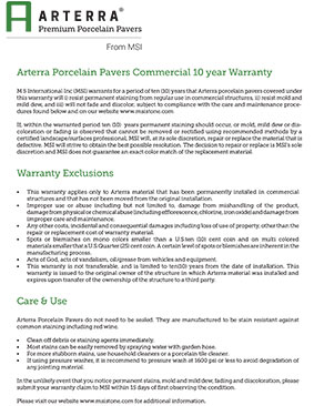 Arterra Porcelain Pavers Commercial 10 year Warranty